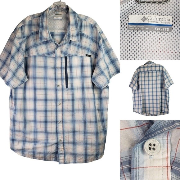Columbia Men’s 2XL Blue Plaid Short Sleeve Vented Button Up Cotton Shirt - Picture 1 of 9